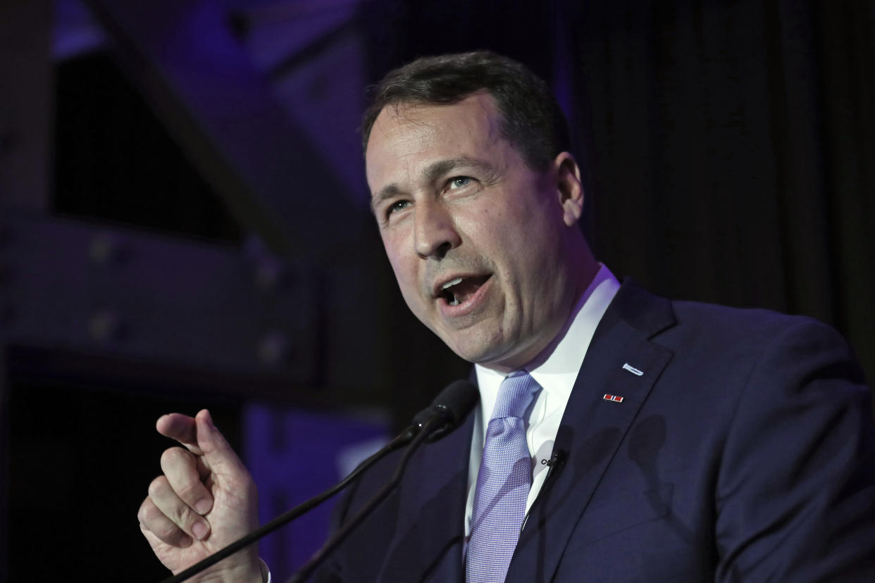 Democratic U.S. Senate candidate Cal Cunningham speaks to suporters during a primary election night party in Raleigh, N.C. in March. (Gerry Broome/AP)