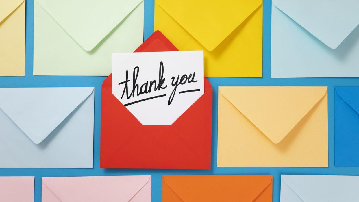 compilation of thank you notes and envelopes