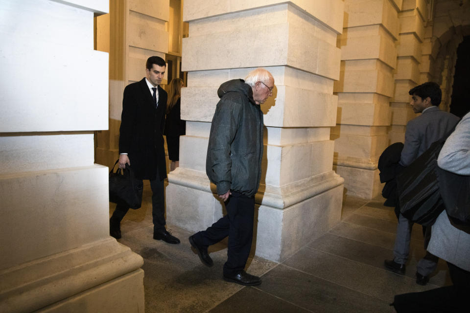 Democratic presidential candidate Sen. Bernie Sanders, I-Vt., leaves Capitol Hill in Washington, Friday, Jan. 31, 2020, after the Senate voted to not allow witnesses in the impeachment trial of President Donald Trump on charges of abuse of power and obstruction of Congress. (AP Photo/Jacquelyn Martin)