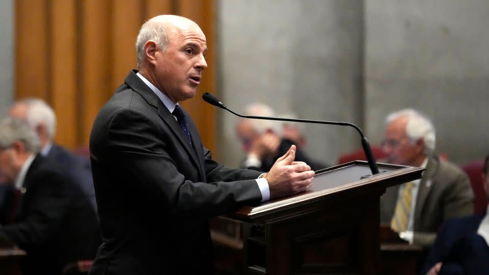 Rep. Gino Bulso presents a bill on the House floor to prevent Pride flags from being displayed in schools during a legislative session in Nashville, Tennessee, on February 26, 2024. - George Walker IV/AP