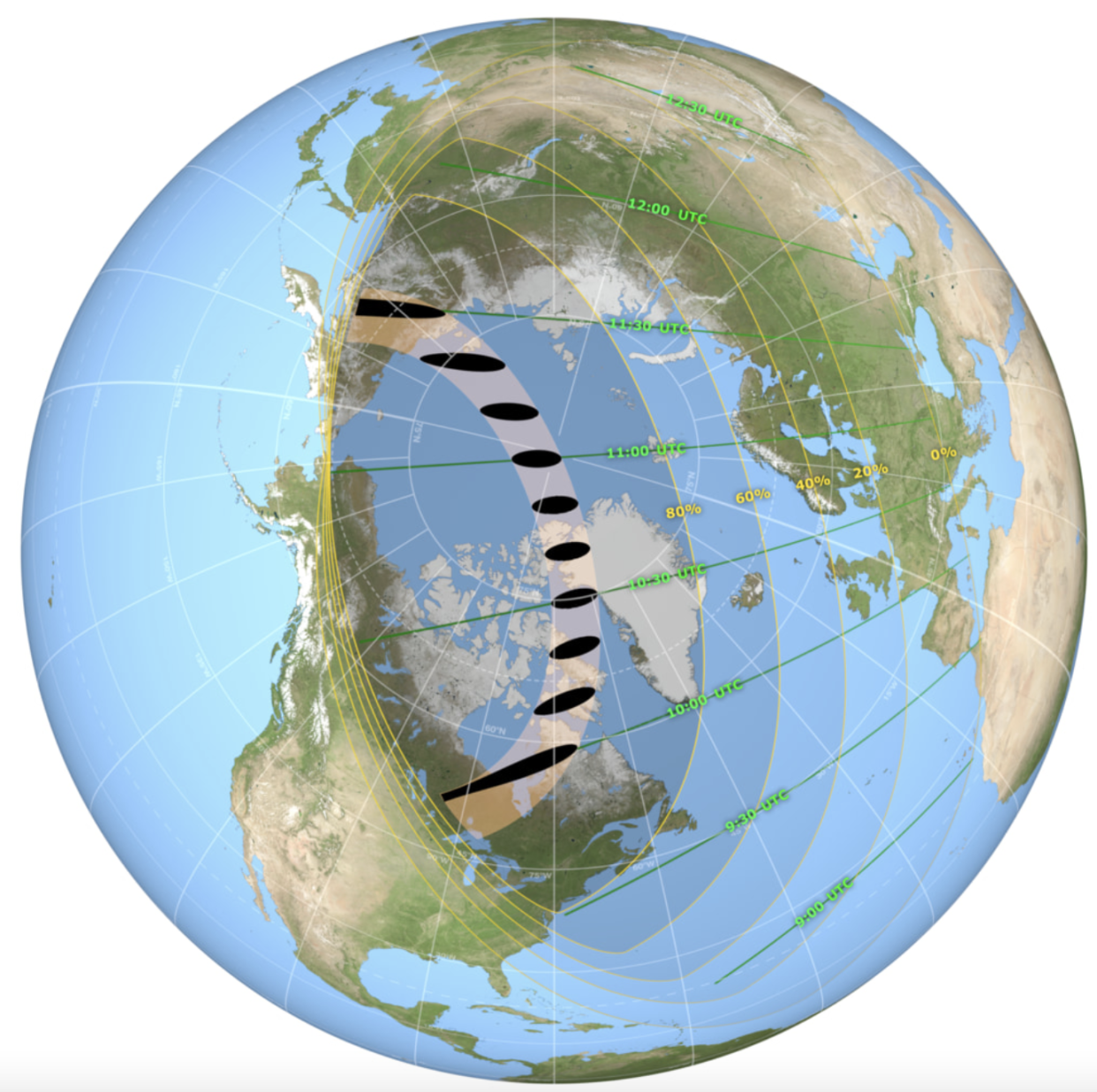 The map shows the global extent of the shadow during the eclipse. (Nasa)