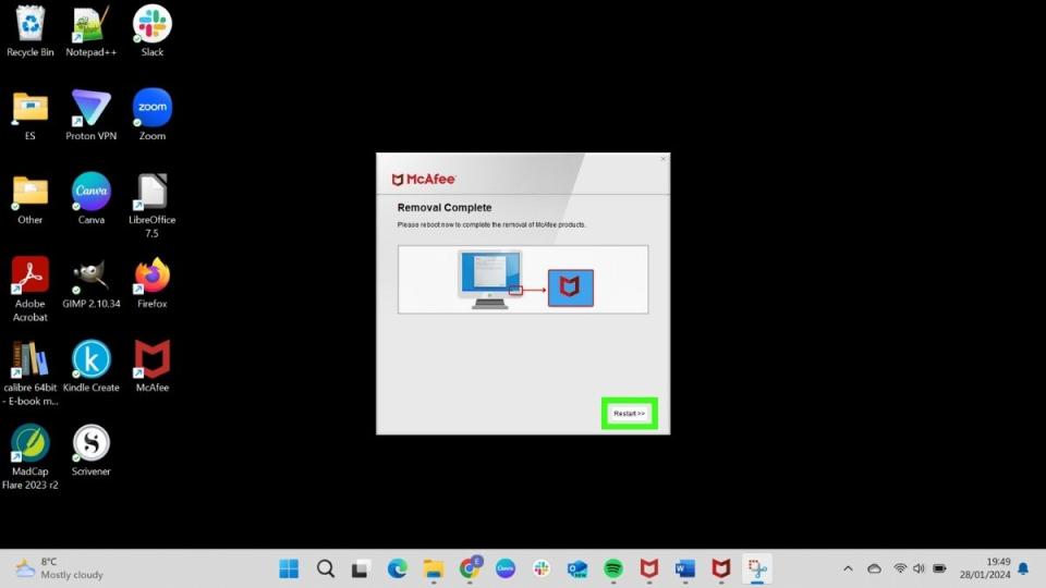 Screenshot showing how to uninstall McAfee using the McAfee Consumer Product Removal tool (MCPR) - Restart computer