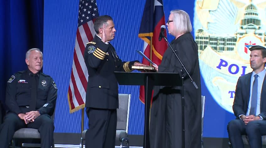 Judge Dayna Blazey officially swore Joseph Chacon in Oct. 29 as Austin’s new police chief. (KXAN photo)