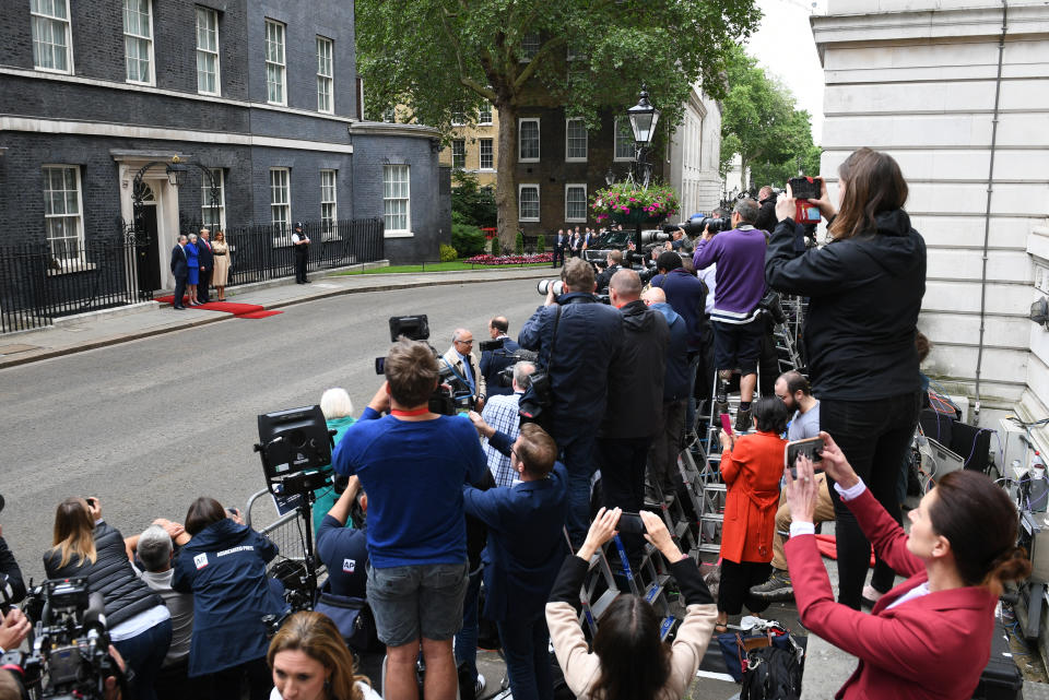 (left to right) Philip May and Prime Minister Theresa May welcoming US President Donald Trump and Melania Trump to Downing Street, London, on the second day of his state visit to the UK.