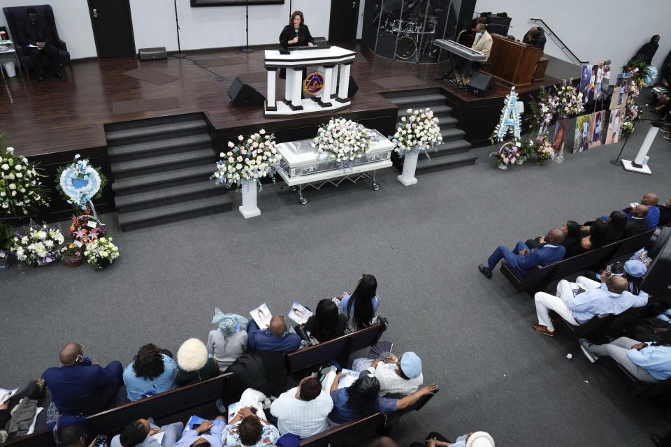 Gov. Gretchen Whitmer speaks at the funeral for Michigan State University shooting victim Arielle Anderson in Detroit, Tuesday, Feb. 21, 2023. Anderson, Alexandria Verner and Brian Fraser and were killed and several other students injured after a gunman opened fire on the campus of Michigan State University. (AP Photo/Paul Sancya)