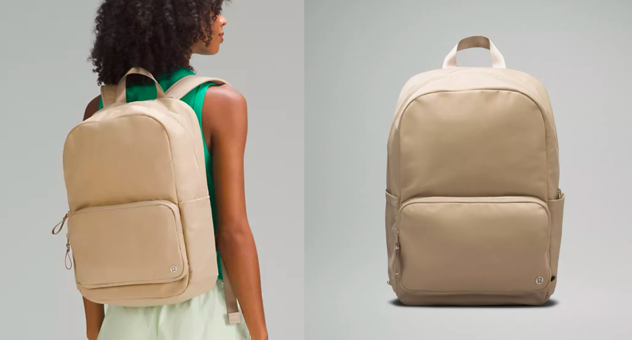 Model wears lululemon Everywhere Backpack in Trench (tan)