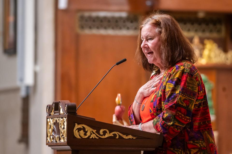 Dr. Mary Soha presents her Augustinian Lecture "The Baptism of St. Augustine Times Two." The Diocese of St. Augustine celebrated solemn vespers on the feast day of St. Augustine, the Bishop of Hippo, August 28, 2023. The City of St. Augustine was dedicated to him when it was founded by Pedro Menéndez on the saint's feast day in 1565. The statue of St. Augustine was recently installed in the Cathedral Basilica of St. Augustine and was a gift to the cathedral in 2021 by former rector, Very Rev. Thomas Willis.
Picture made August 28, 2023.
[Fran Ruchalski for the St. Augustine Record]