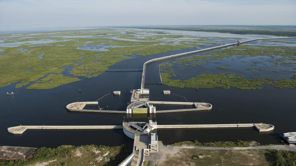 An aerial view of the Inner Harbor Navigation Canal-Lake Borgne Surge Barrier in New Orleans in 2015.