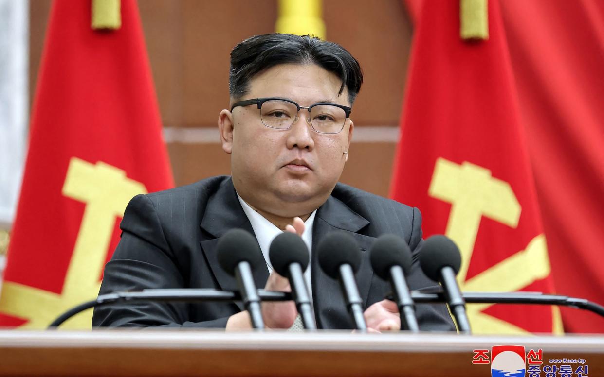 Kim Jong-Un speaking at the Central Committee headquarters of the Workers' Party of Korea (WPK) in Pyongyang