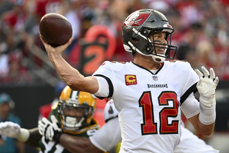 Tampa Bay Buccaneers' Tom Brady thorws during the second half of an NFL football game against the Green Bay Packers Sunday, Sept. 25, 2022, in Tampa, Fla. (AP Photo/Jason Behnken)