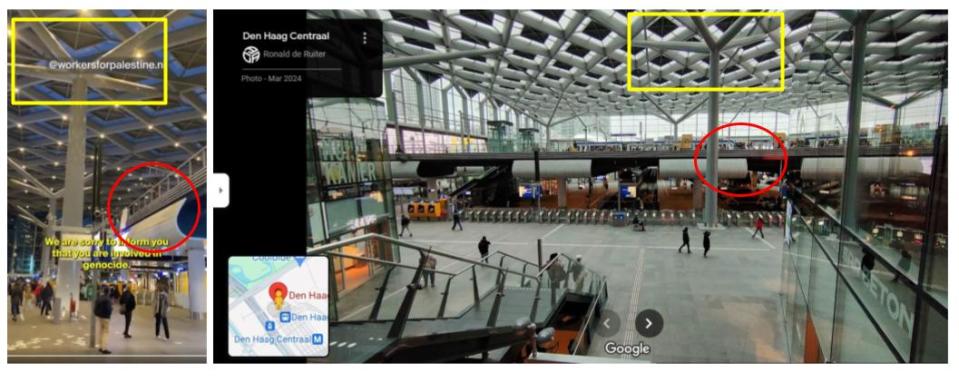 <span>Falsely shared clip (left) and geotagged photo of Den Haag Centraal station on Google Maps (right), with similarities marked by AFP</span>