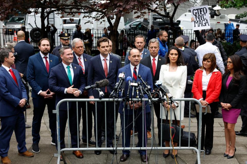 Virginia Rep Bob Good speaks to reporters while flanked by other Republican members of Congress outside of a Manhattan courtroom in New York where Donald Trump is on trial for a hush money scheme (Getty Images)