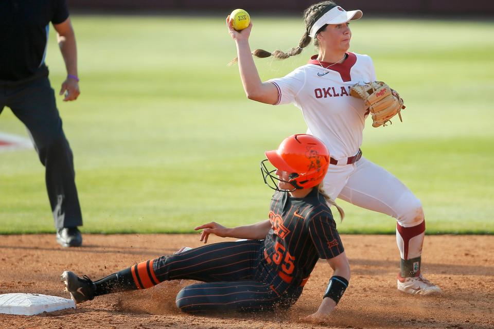 Oklahoma's Grace Lyons (3) throws back to first over Oklahoma State's Chelsea Alexander (55) to complete a double play in the seventh inning of a Bedlam softball game between the University of Oklahoma Sooners (OU) and the Oklahoma State University Cowgirls (OSU) at Marita Hynes Field in Norman, Okla., Saturday, May 7, 2022. Oklahoma won 5-3. 