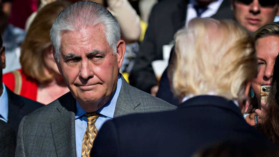 Then-Secretary of State Rex Tillerson looks at then-President Donald Trump during a ceremony to commemorate the September 11, 2001, terrorist attacks at the Pentagon on September 11, 2017. - Andrew Harrer/Pool/Getty Images)