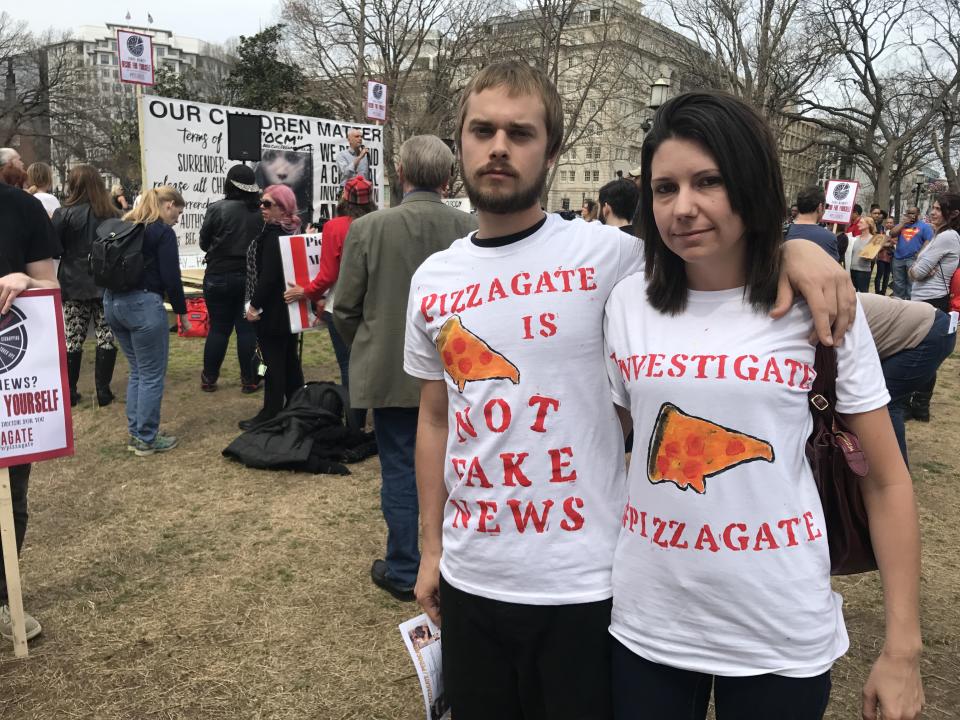 WASHINGTON, DC - MARCH 25: FILE, Kori and Danielle Hayes at a Pizzagate demonstration, outside the White House in Washington, DC on March 25, 2017. (Photo by Michael E. Miller/The Washington Post via Getty Images)