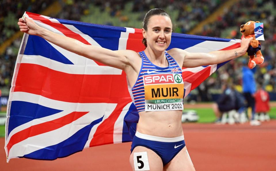 Gold medalist Laura Muir of Great Britain celebrates after the Athletics - Women's 1500m Final during the European Championships Munich 2022 at Olympic Stadium in Munich, Germany on August 19, 2022 - GETTY IMAGES