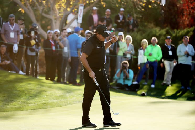 Phil Mickelson recats during The Match: Tiger vs Phil at Shadow Creek Golf Course on November 23, 2018 in Las Vegas, Nevada. (Photo by Christian Petersen/Getty Images for The Match)