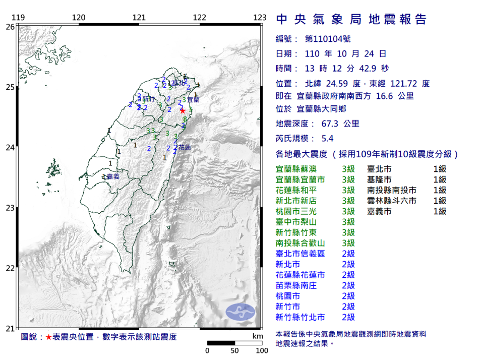 第104號顯著有感地震震央在宜蘭縣大同鄉。   圖：氣象局/提供