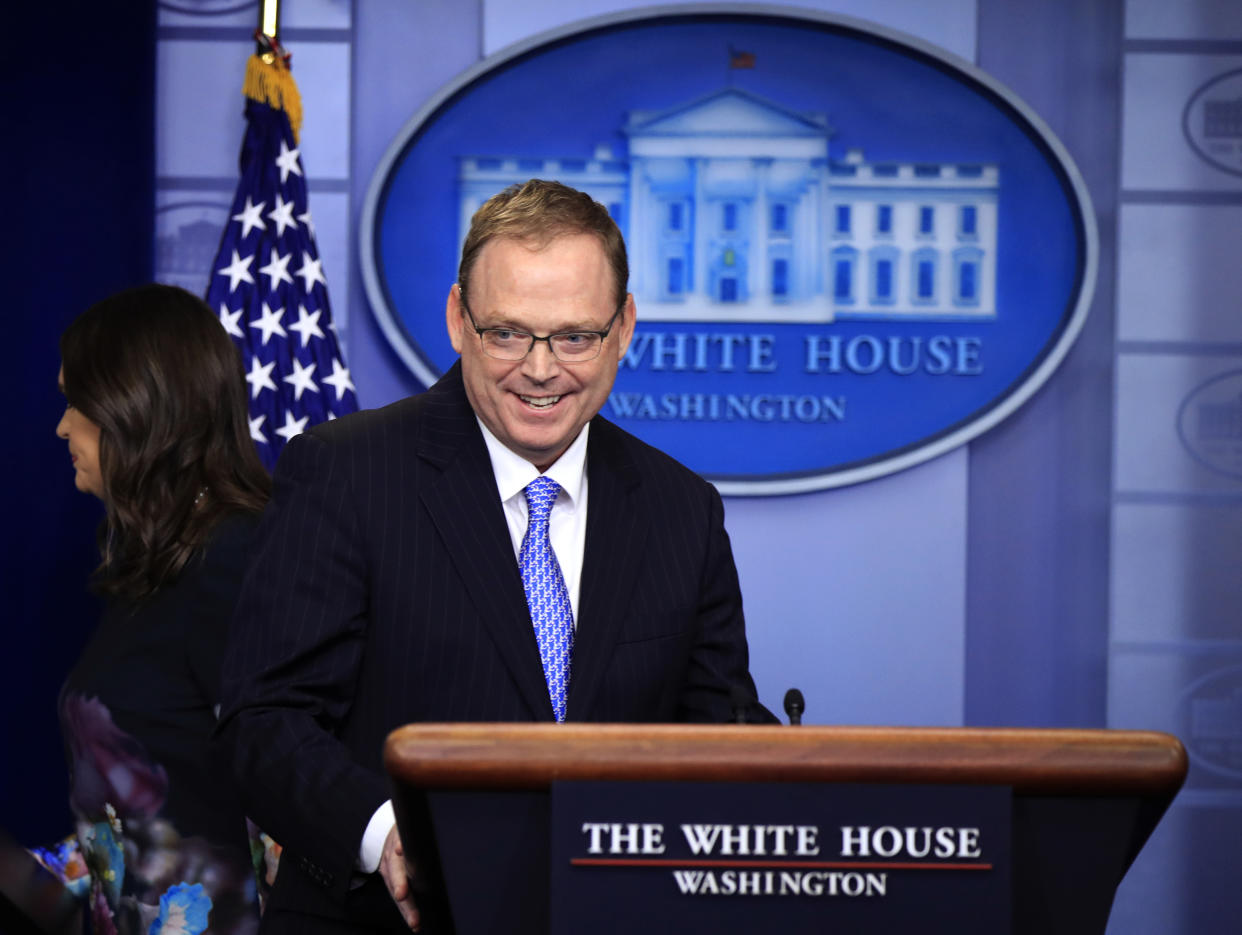 Kevin Hassett, chair of the Council of Economic Advisers walks to the podium after being introduced by White House press secretary Sarah Huckabee Sanders during a press briefing in the Brady press briefing room at the White House, in Washington, Friday, Nov. 17, 2017. (AP Photo/Manuel Balce Ceneta)