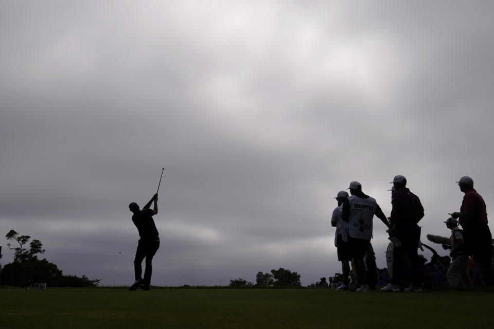 Phil Mickelson plays his shot from the 11th tee during the second round of the U.S. Open Golf Championship, Friday, June 18, 2021, at Torrey Pines Golf Course in San Diego. (AP Photo/Jae C. Hong)