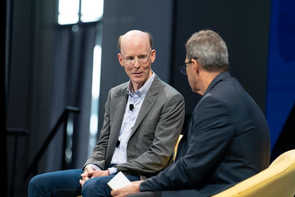 Richard Holden, vice president, product management, Google, speaking with Dennis Schaal, Skift's executive editor and  founding editor, at Skift Global Forum in New York on Sept. 20. Neil van Niekerk / Skift