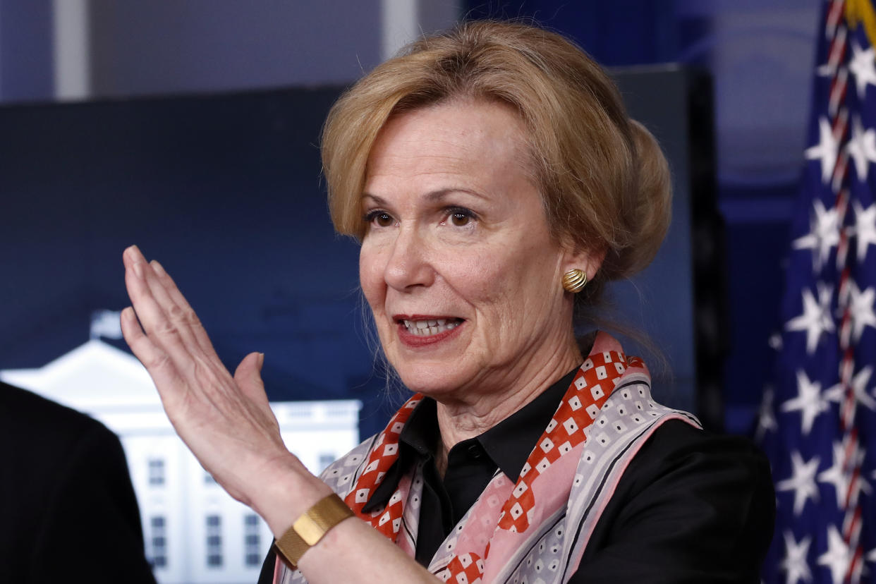 Dr. Deborah Birx, White House coronavirus response coordinator, speaks about the coronavirus in the James Brady Press Briefing Room of the White House, Thursday, April 2, 2020, in Washington. (AP Photo/Alex Brandon)