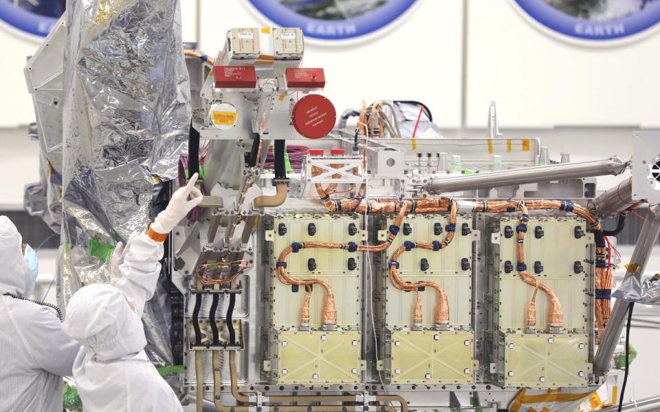 NASA's Europa Clipper being assembled at the Jet Propulsion Laboratory.