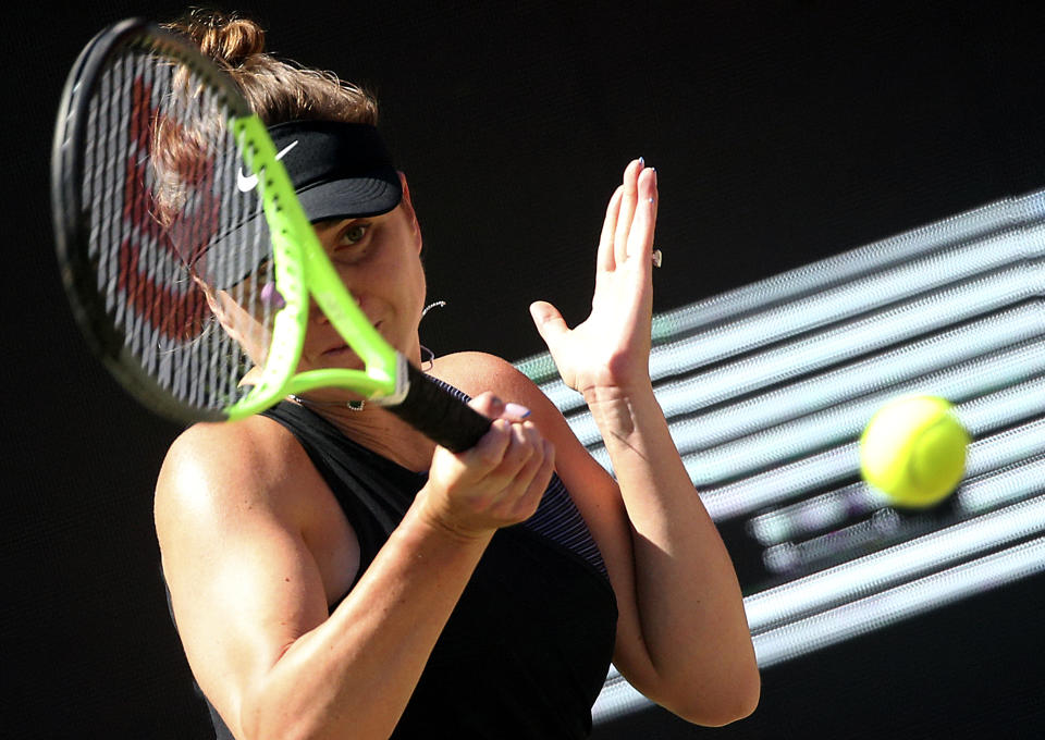 Ukraine's Elina Switolina plays a forehand during her WTA Tour, Singles, 2nd Round tennis match against Russia's Jekaterina Alexandrowa in Berlin, Germany, Wednesday, June 16, 2021. (Wolfgang Kumm/dpa via AP)