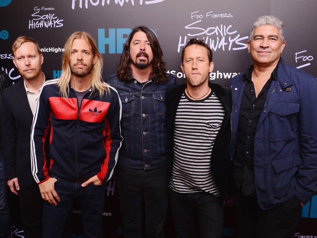 Musicians Nate Mendel, Taylor Hawkins, Dave Grohl, Chris Shiflett, and Pat Smear of The Foo Fighters (Stephen Lovekin/Getty Images)