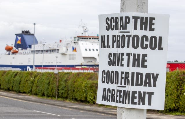 An anti-Northern Ireland Protocol sign close to Larne Port