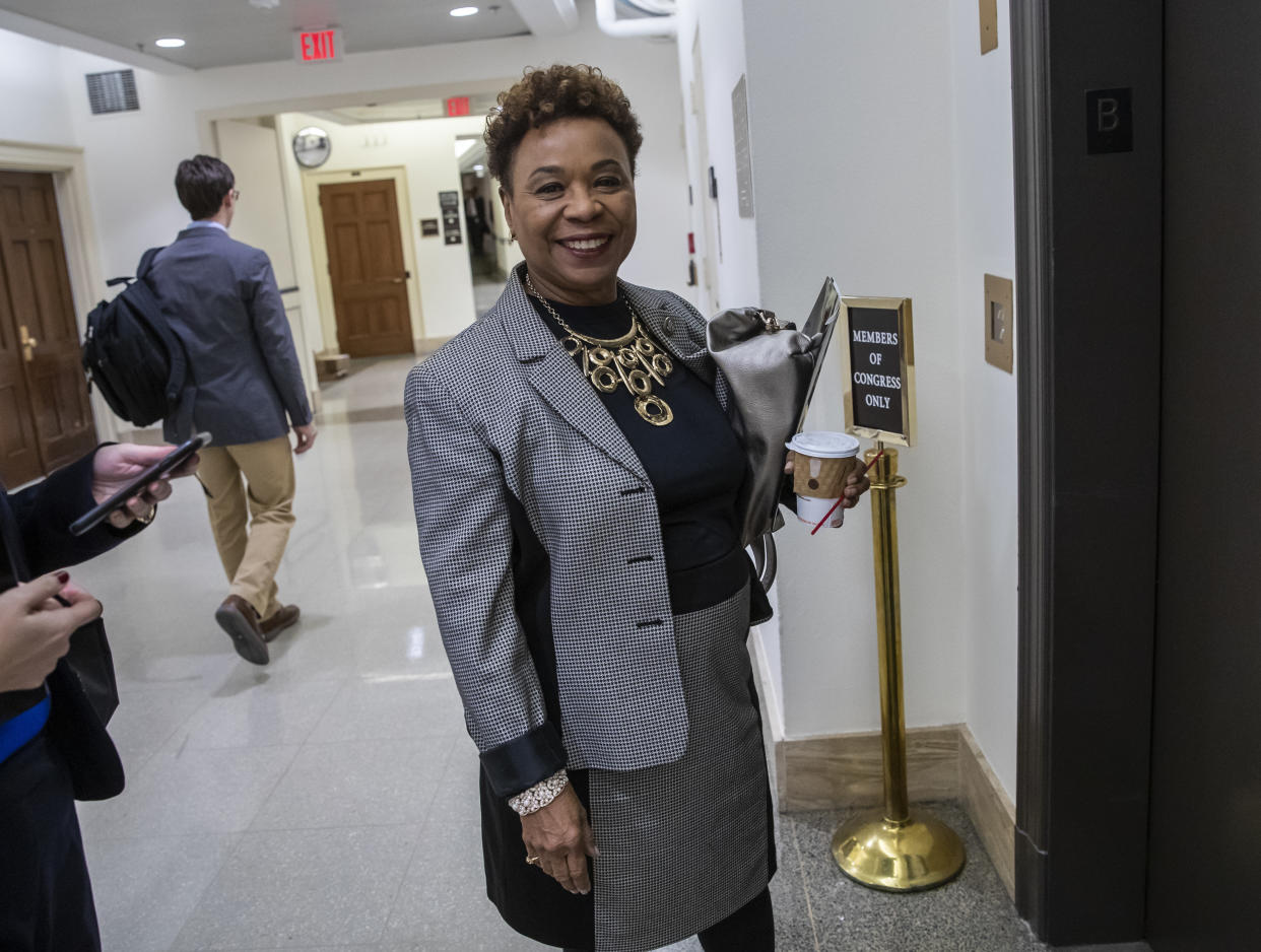 Rep. Barbara Lee poses for a picture by an elevator in one of the underground corridors at the Capitol.