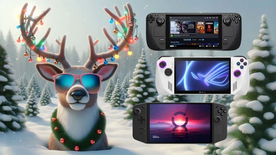 Reindeer with sunglasses next to Steam Deck, ROG Ally, and Legion Go.