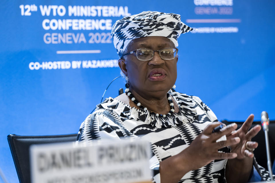 WTO Director-General Ngozi Okonjo-Iweala speaks before the opening of the 12th Ministerial Conference at the headquarters of the World Trade Organization in Geneva, Switzerland, Sunday, June 12, 2022. (Martial Trezzini/Keystone via AP)