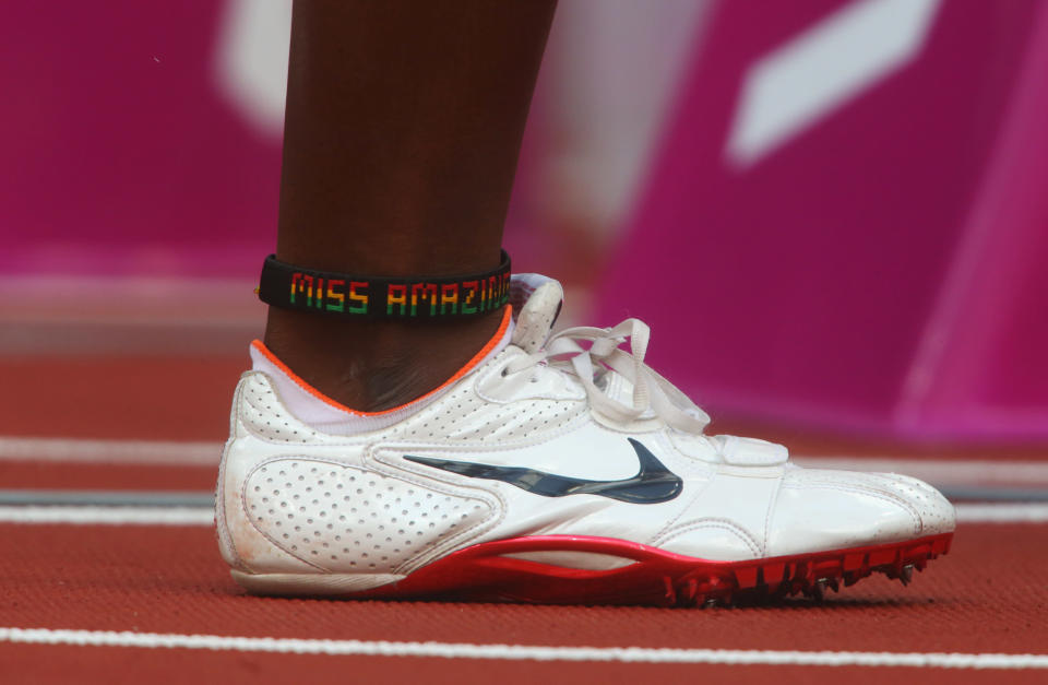 A detailed view of Seun Adigun of Nigeria's ankle jewellery as she competes in the Women's 100m Hurdles Round 1 Heats on Day 10 of the London 2012 Olympic Games at the Olympic Stadium on August 6, 2012 in London, England. (Getty Images)
