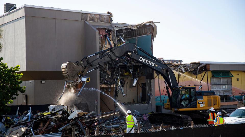 The demolition process starts on Fort Myers Beach Town Hall on Friday, August 4, 2023. The building was destroyed in Hurricane Ian.