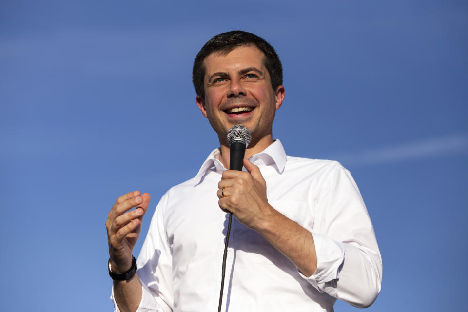 Democratic presidential candidate Pete Buttigieg speaks to supporters during a rally in Las Vegas, NV, Friday, Aug. 2, 2019. (Wade Vandervort/Las Vegas Sun via AP)