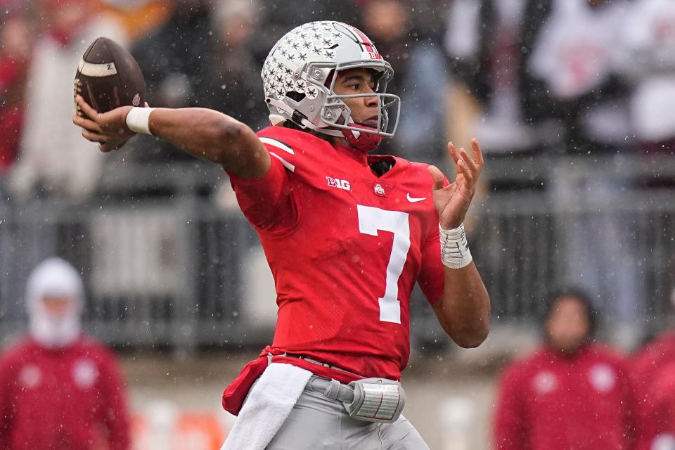 Nov 12, 2022; Columbus, Ohio, USA;  Ohio State Buckeyes quarterback C.J. Stroud (7) throws a pass during the first half of the NCAA football game against the Indiana Hoosiers at Ohio Stadium. Mandatory Credit: Adam Cairns-The Columbus Dispatch