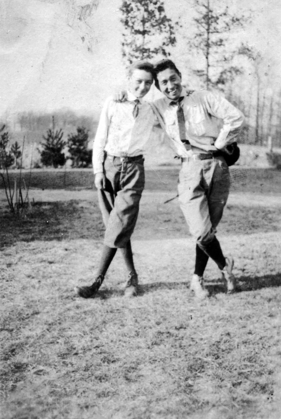 George Masa, right, with his photographic assistant Blake Creasman, circa 1916, when Masa was living with the Creasman family in Biltmore. The photo is part of the Creasman Archive at Pack Memorial Library.