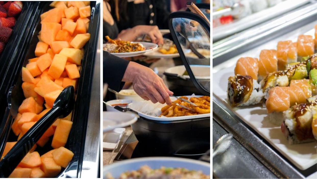 Three images of foods on a buffet line: sliced melons, a man grabbing onion rings with tongs, and sushi rolls