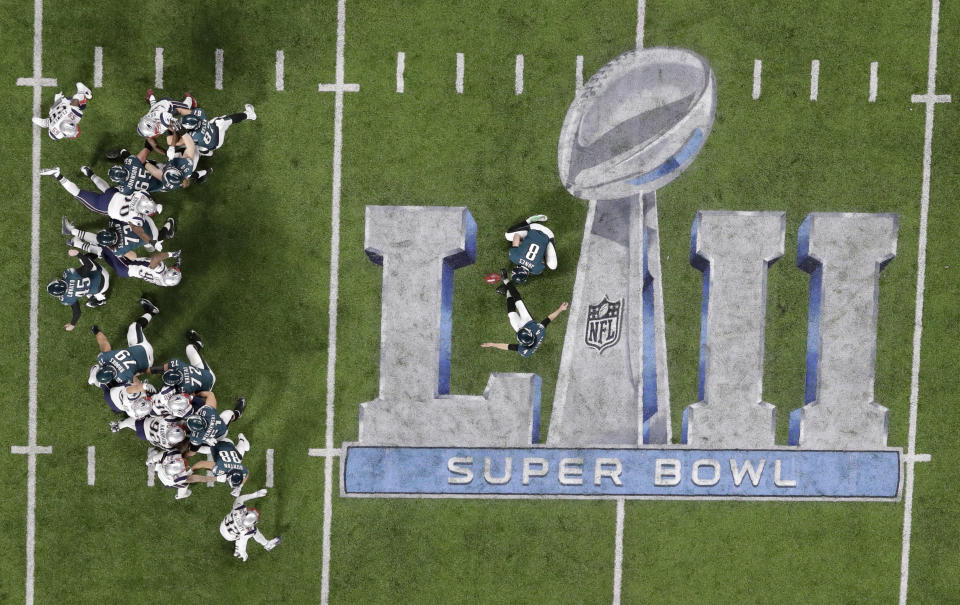 <p>Philadelphia Eagles kicker Jake Elliott kicks an extra point against the New England Patriots during the first half of the NFL Super Bowl 52 football game Sunday, Feb. 4, 2018, in Minneapolis. (AP Photo/Eric Gay) </p>