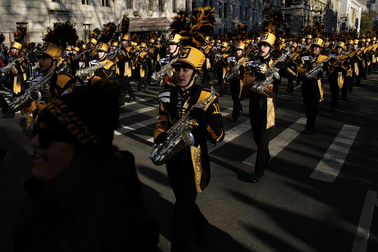 The University of Missouri marching band makes its way down Central Park West during the Macy's Thanksgiving Day Parade, Thursday, Nov. 24, 2022, in New York. (AP Photo/Julia Nikhinson) (Julia Nikhinson / AP)
