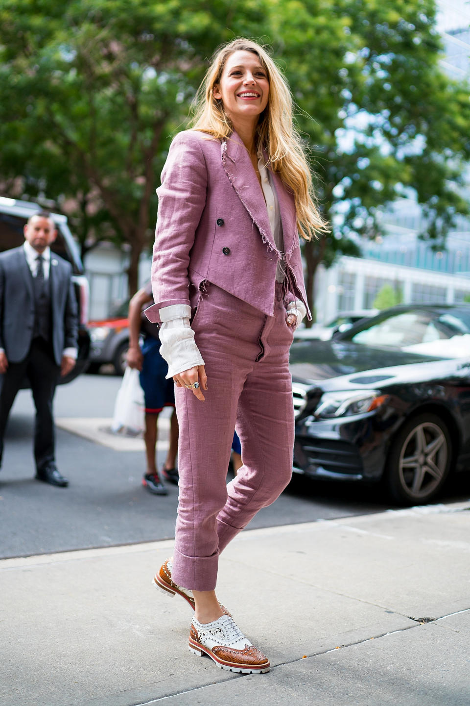 Before her appearance at the 2018 MTV VMAs, Lively wore this dusty rose suit with frayed edges by Vivienne Westwood.