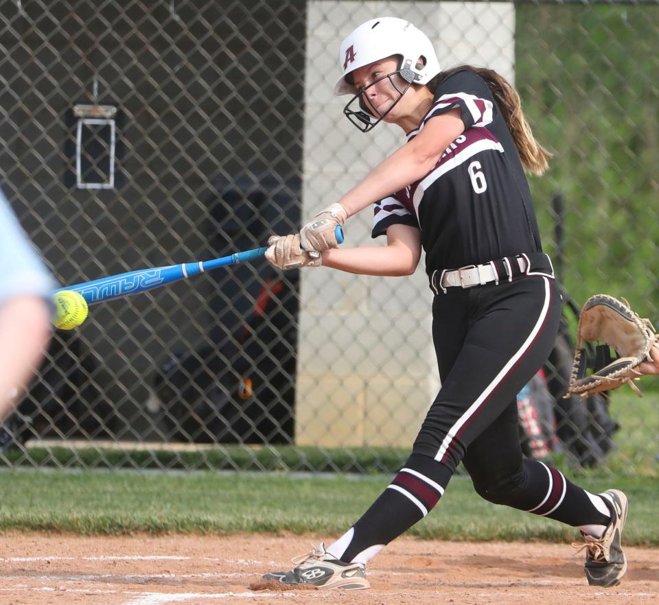 Appoquinimink's Izabella Rodriguez drives the ball in the second inning of the Jaguars' 7-2 win in the DIAA state tournament opening round, Tuesday, May 23, 2023 at Appoquinimink.