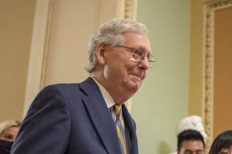 Senate Republican leader Mitch McConnell heads to the Senate chambers in Washington, D.C., on October 6, 2021. He turns 82 on February 20. File Photo by Bonnie Cash/UPI