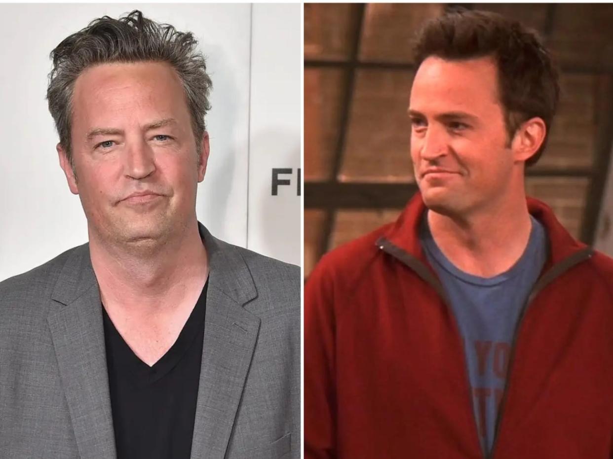 Matthew Perry (left); Perry as Chandler Bing on "Friends" (right).