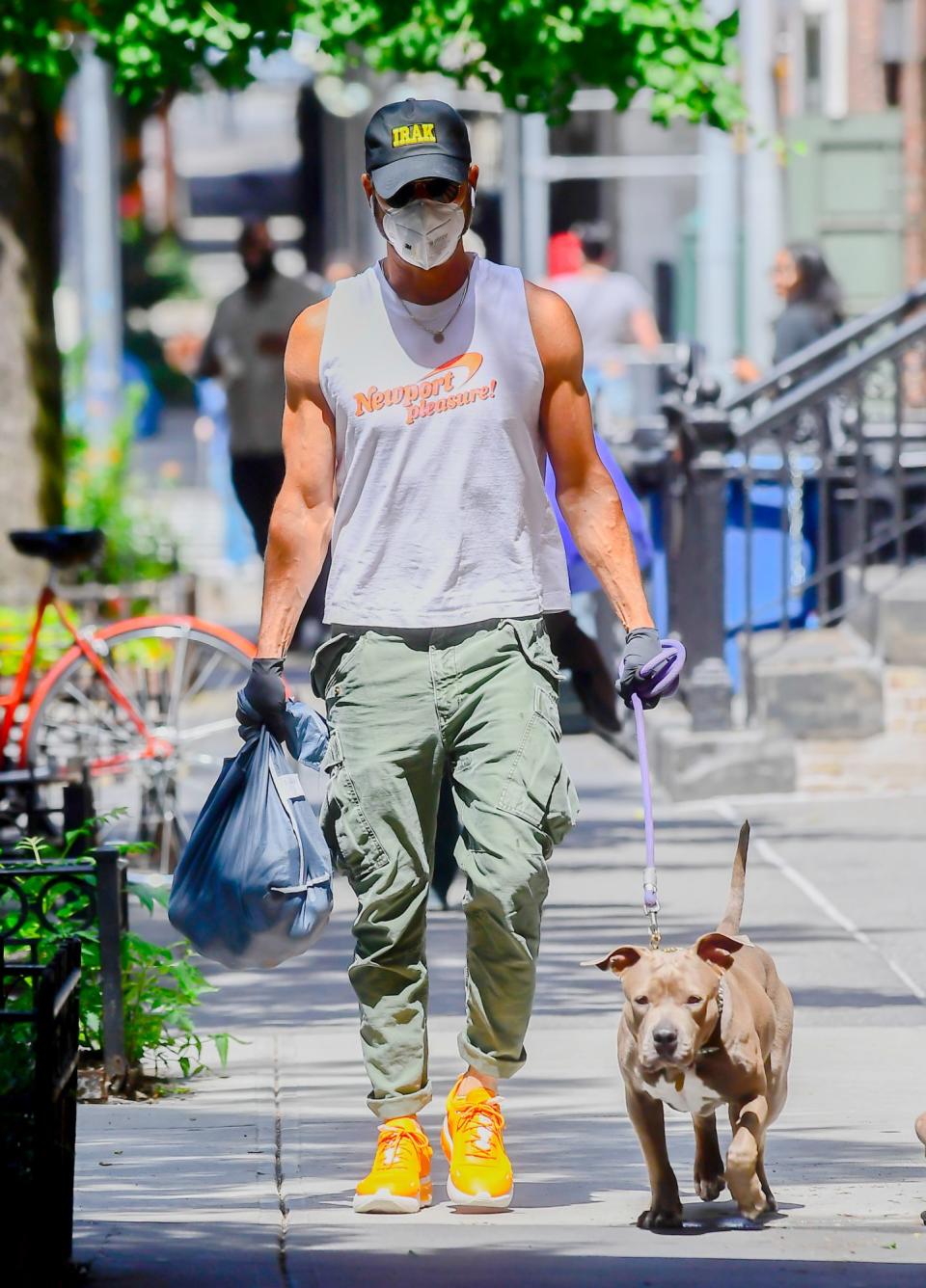 <p>A masked and gloved Justin Theroux takes his dog Kuma for a walk in New York City on Friday.</p>