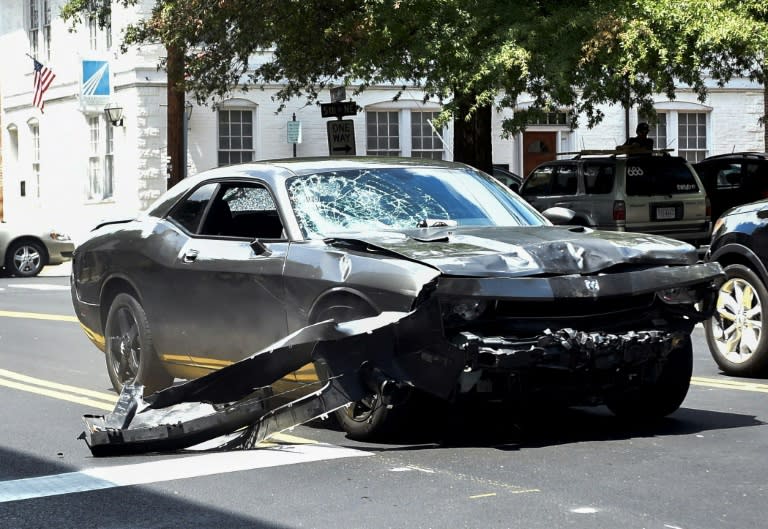 This August 12, 2017 picture shows James Alex Fields Jr.'s Dodge Challenger moments after driving the vehicle into a crowd of counter-protesters on Water Street in Charlottesville, Virginia