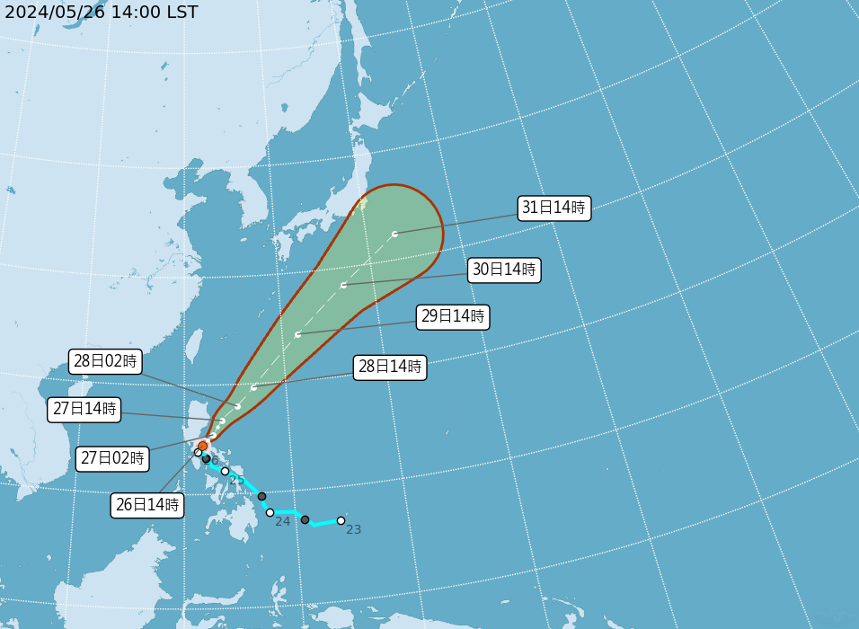 颱風「艾維尼」推測朝東北方向北上，對台灣沒有直接影響。氣象署提供