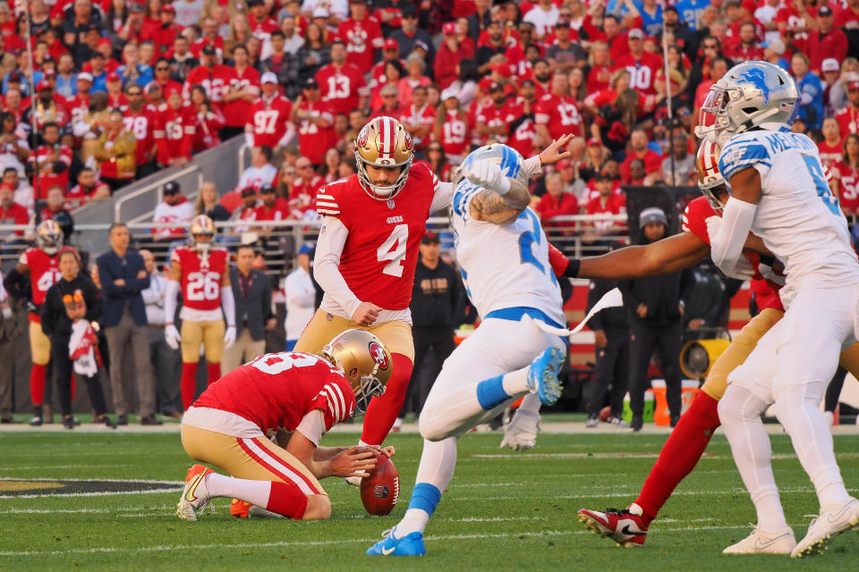 Jan 28, 2024; Santa Clara, California, USA; San Francisco 49ers place kicker Jake Moody (4) misses a field goal attempt against the Detroit Lions during the first half of the NFC Championship football game at Levi’s Stadium. Mandatory Credit: Kelley L Cox-USA TODAY Sports