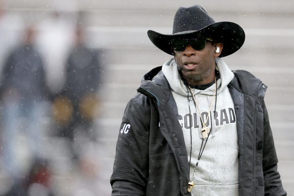 BOULDER, COLORADO - APRIL 27: Head coach Deion Sanders of the Colorado Buffaloes watches as his team plays their spring game at Folsom Field on April 27, 2024 in Boulder, Colorado. (Photo by Matthew Stockman/Getty Images)